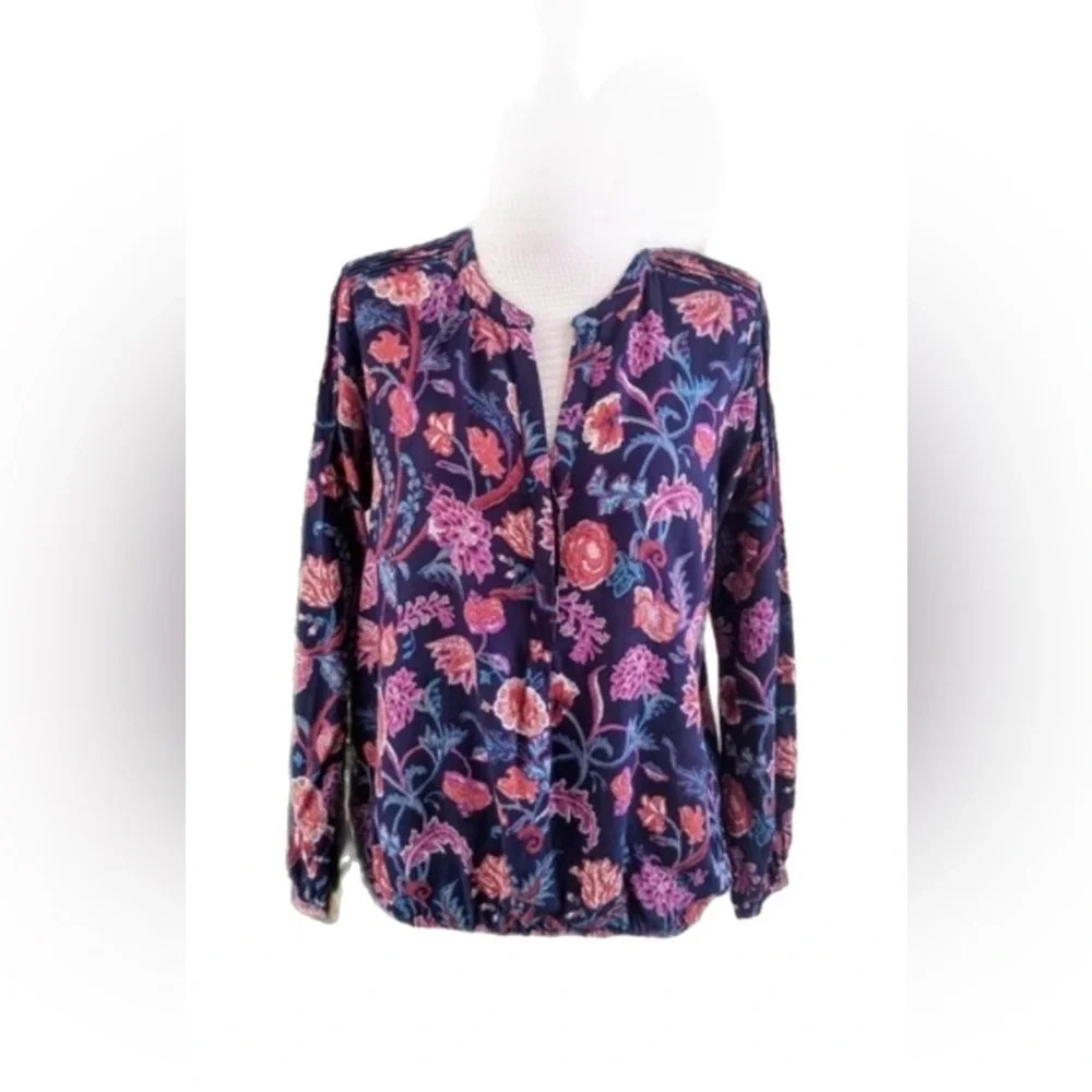 Lucky Brand Women’s Floral Peasant Top Long Sleeve Tassel Blue Size medium